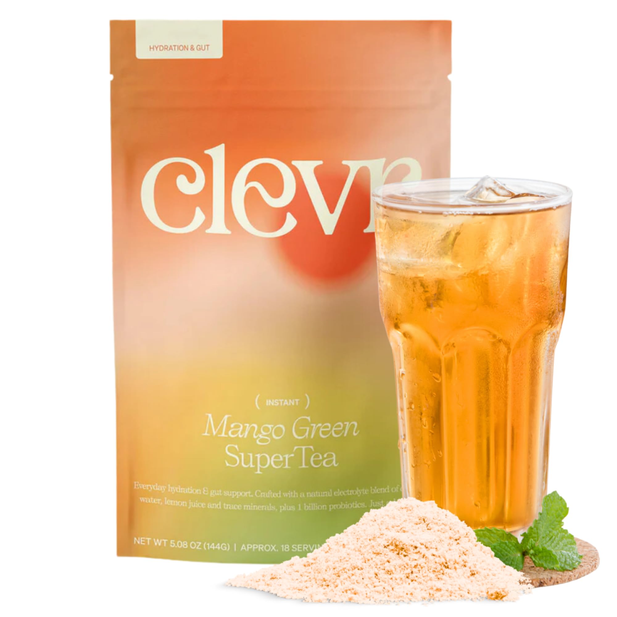 Clevr Mango Green Tea Gut Supporting Electrolyte Hydration Mix – GLP-1 Friendly, No Added Sugar – Coconut Water with Lemon Juice, Trace Minerals &