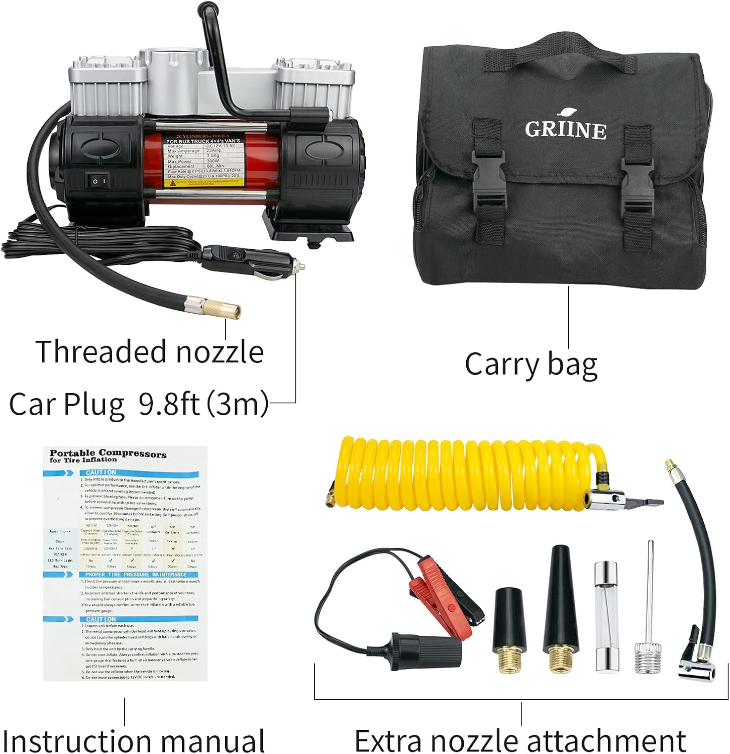 Griine Heavy duty twin cylinder tire inflator with carrying bag, metal 12V air compressor pump 150PSI, with adapter, suitable for SUVs/Trucks/Vans/RVs,red : Automotive