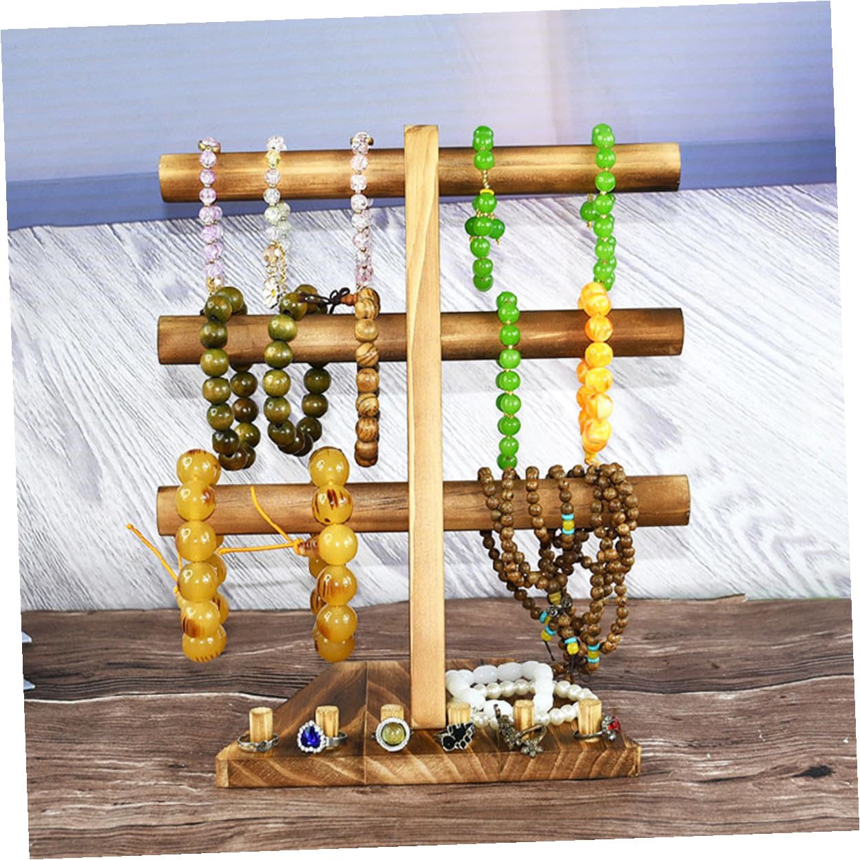 3-stöckiger Schmuckständer aus Massivholz Armbandhalter und Ringhalter Dekorativer Schmuckpräsentationsständer für Uhren und Armreifen Organizer für Schmuckaufbewahrung