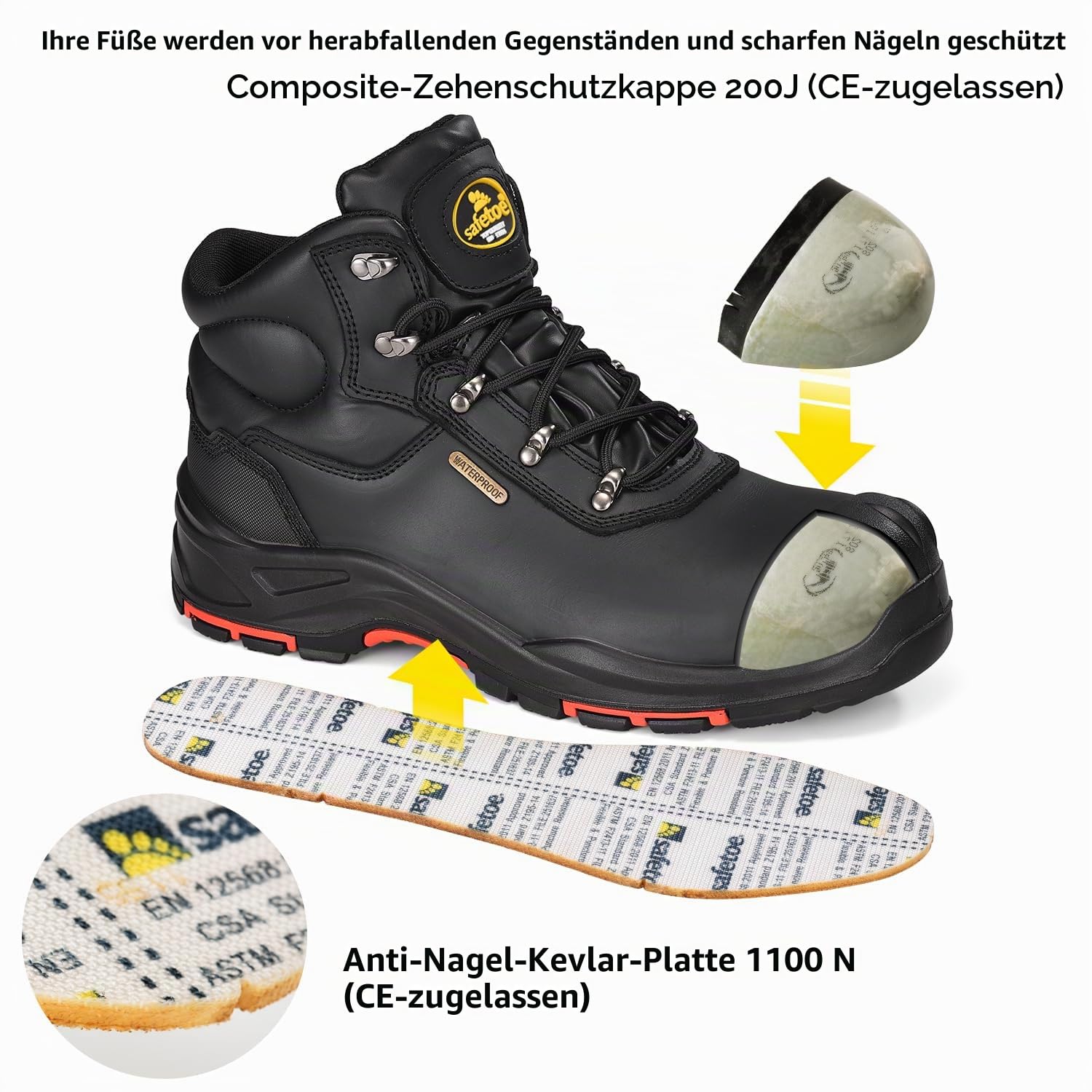 SAFETOE Herren Sicherheitsstiefel M-8565 Wide Fit Non-Steel Composite Toe Arbeitsstiefel ESD antistatische wasserdichte Rindsleder Heavy Duty Anti-Nagel Anti-Rutsch Gummisohle S7L SR EU44