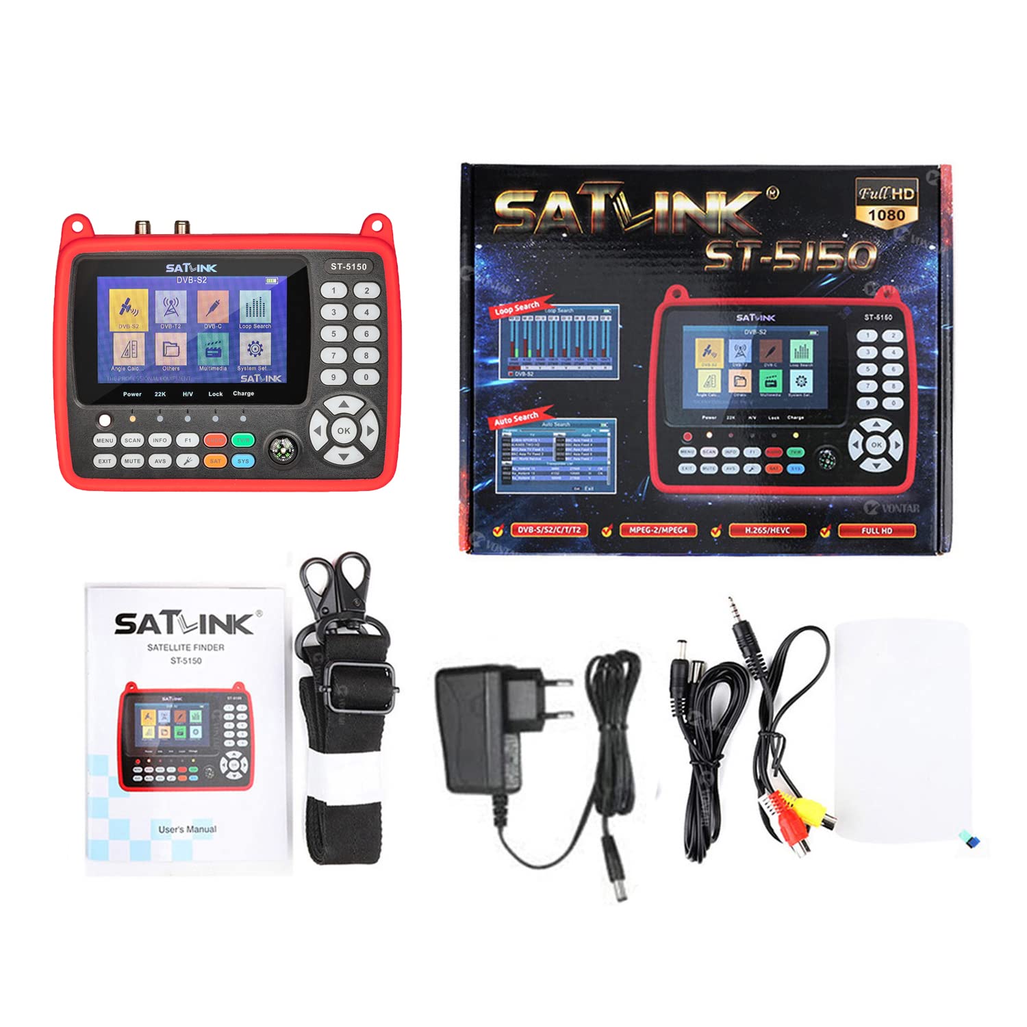 Détecteur de Signaux Satellite Geevorks ST-5150 Satellite Finder ST-5150 DVB-S2/T2/C COMBO, Détecteur de Signaux Satellite TV Finder Meter H.265 HEVC MPEG-4 4,3 pouces TFT LCD, Localisateur Satellite