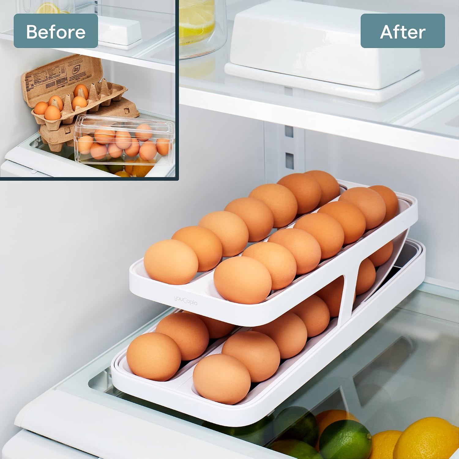 YouCopia RollDown® Egg Dispenser, Rolling Eggs Dispenser and Organizer for Refrigerator Storage, Double Track