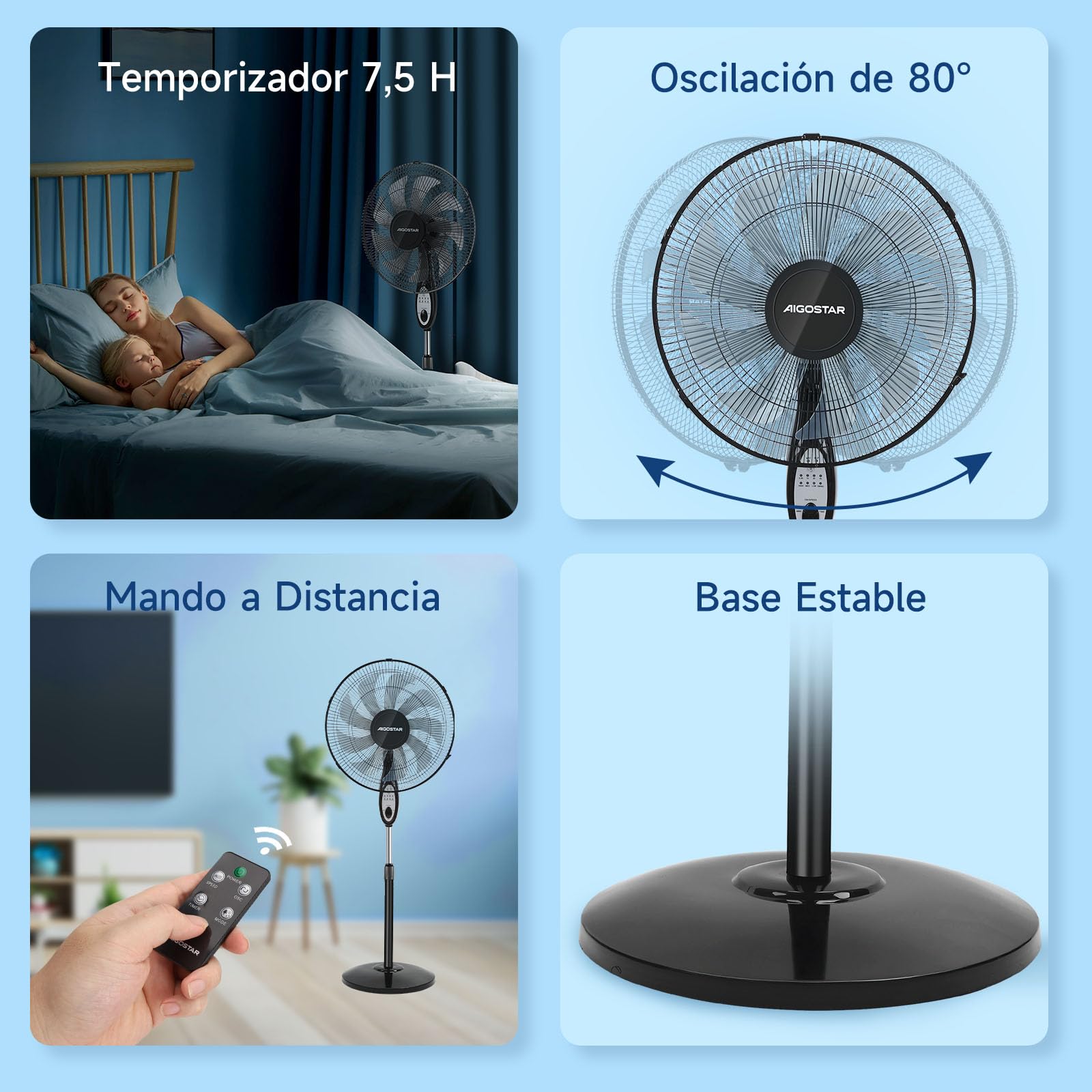Aigostar Ventilador de Pie Silencioso, 9 Aspas, Mando a Distancia, 3 Velocidades, 3 Modos, Temporizador 7,5 Horas, Oscilante 80º, Ventilador de Altura Ajustable, Base Antideslizante, 35 m2, 55 W, Carr