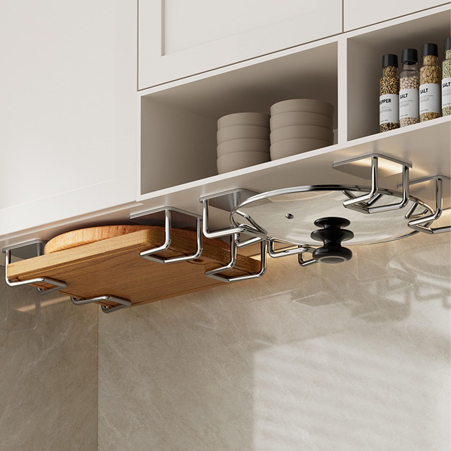 2 Supports Muraux Adhésifs Pour Couvercles De Casseroles - Organisateur Cuisine, Blanc, Réglable