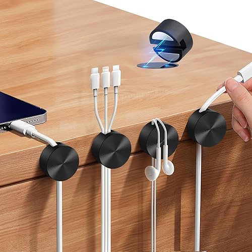 Miniatura 2 de Soporte de cable magnético de metal negro, clips de cable de silicona Maveek, organizador de cables magnético para gestión de cables para mesa de