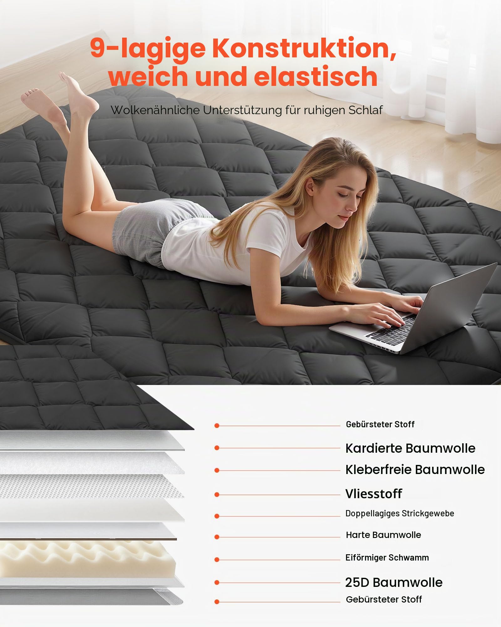 VEVOR Japanische Tatami-Matte, Faltbare Futonmatratze mit Aufbewahrungstasche und Befestigung, 9-lagige Bodenmatte zum Schlafen, Schlafsaal, Meditation, Yoga