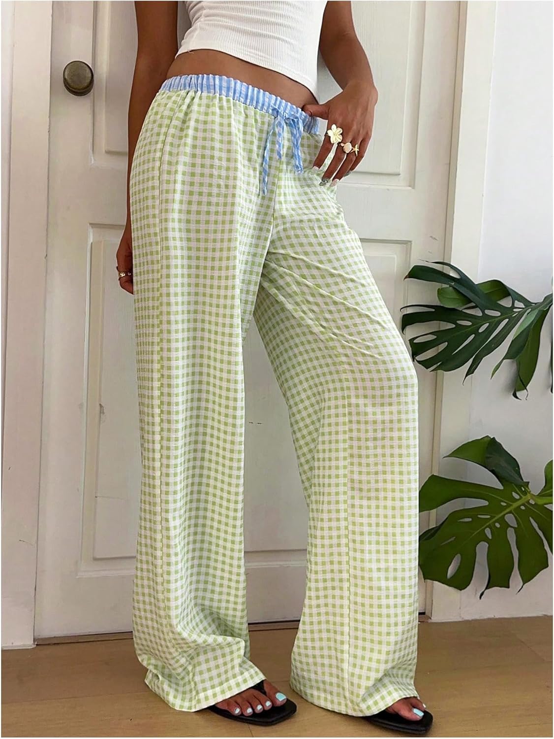 Floerns Women's Plaid Wide Leg Pants Low Rise Drawstring Casual Lounge Trousers - Image 2