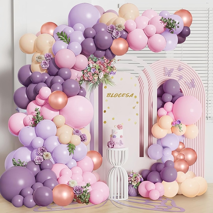 粉紫色气球拱门套件 - 蝴蝶婚礼派对装饰