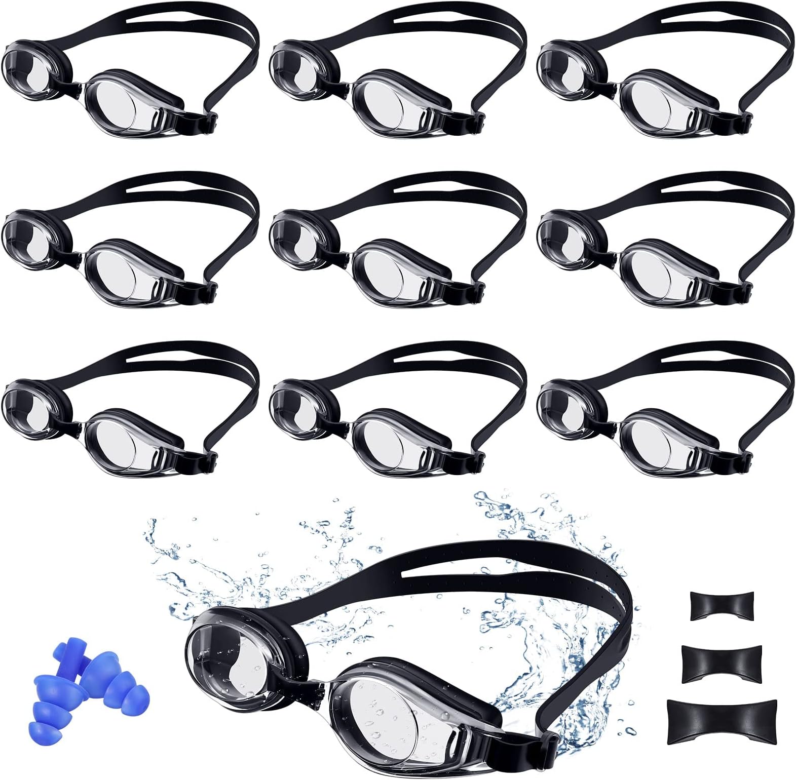 Landhoow 10 Pairs Swimming Goggles Pack Anti Fog Adult Swim Goggles Silicone Swimming Equipment No Leaking Swimming Glasses with Nose Piece and Ear Plug for Adults Men Women Youth Teens Kids
