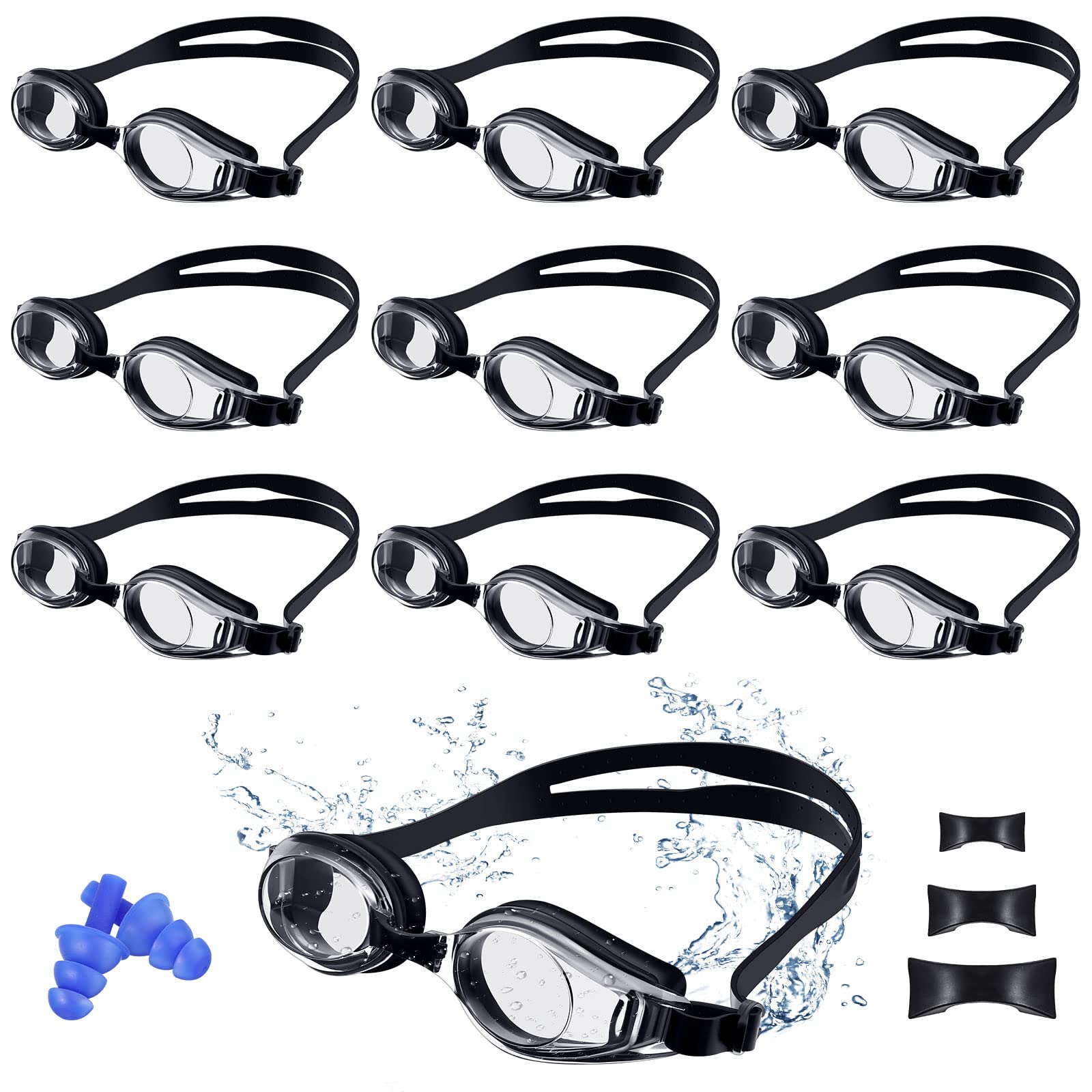 Landhoow 10 Pairs Swimming Goggles Pack Anti Fog Adult Swim Goggles Silicone Swimming Equipment No Leaking Swimming Glasses with Nose Piece and Ear Plug for Adults Men Women Youth Teens Kids