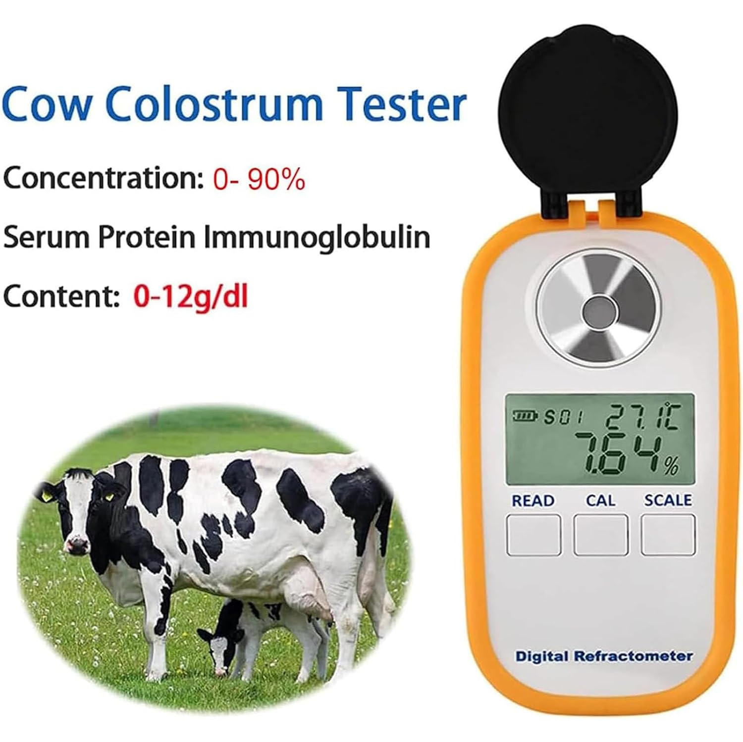 Handheld LED Digital Refractometer for Dairy Cow Colostrum Concentration – 0–50% High Range, ±0.2% Accuracy, 0.1% Resolution, Meter for Sugar Content Test & Colostrum Quality