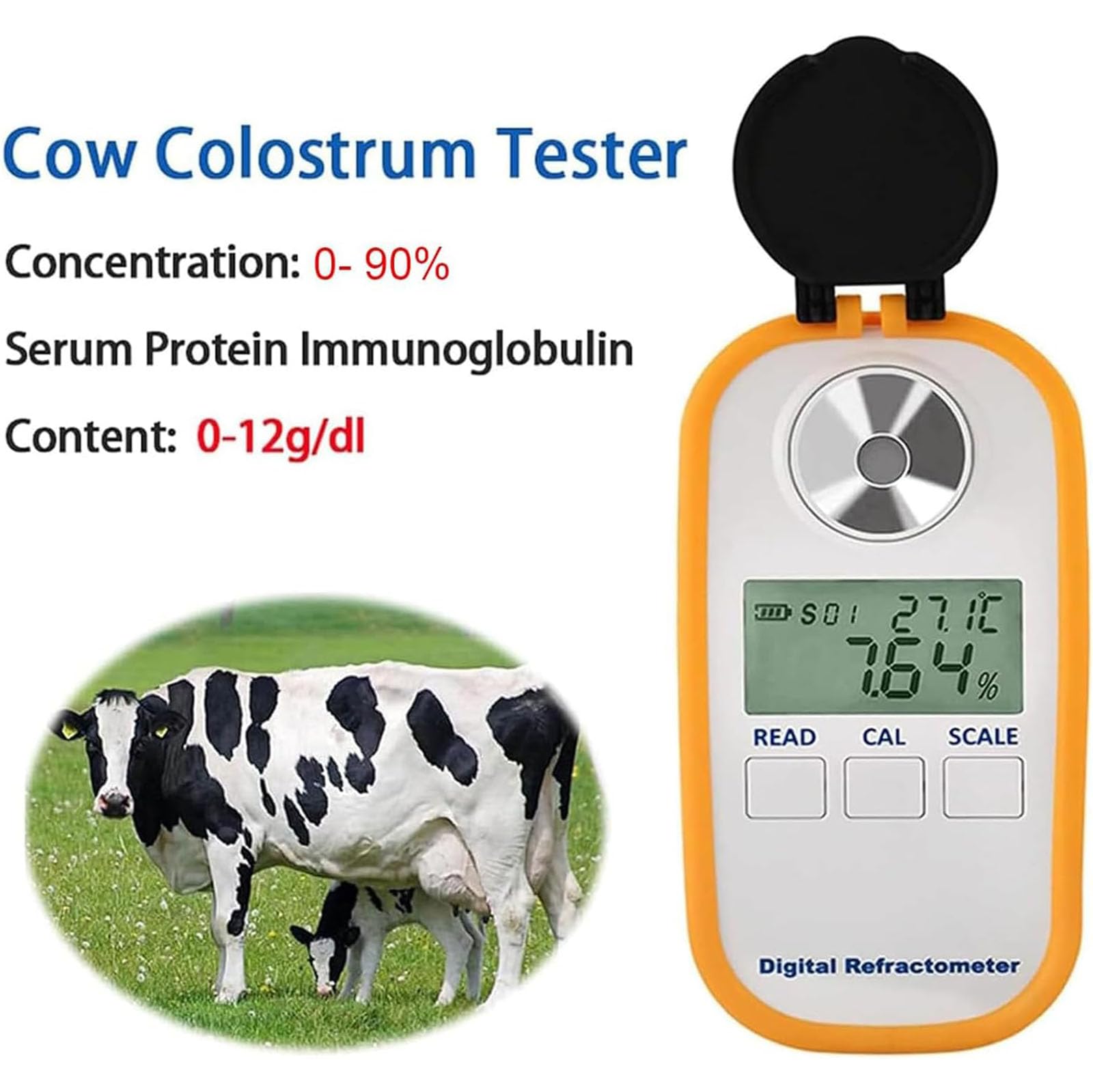 Genérico Medidor De Concentración De Calostro para Vacas Lecheras, Refractómetro Digital Led Portátil, Precisión De 0,2 G/DL, Rango De Detección De 0 A 50 G/DL