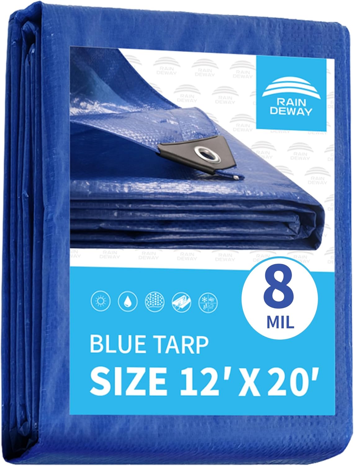 RAINDEWAY 12×20 ft Waterproof Blue Tarp – UV Resistant, Durable