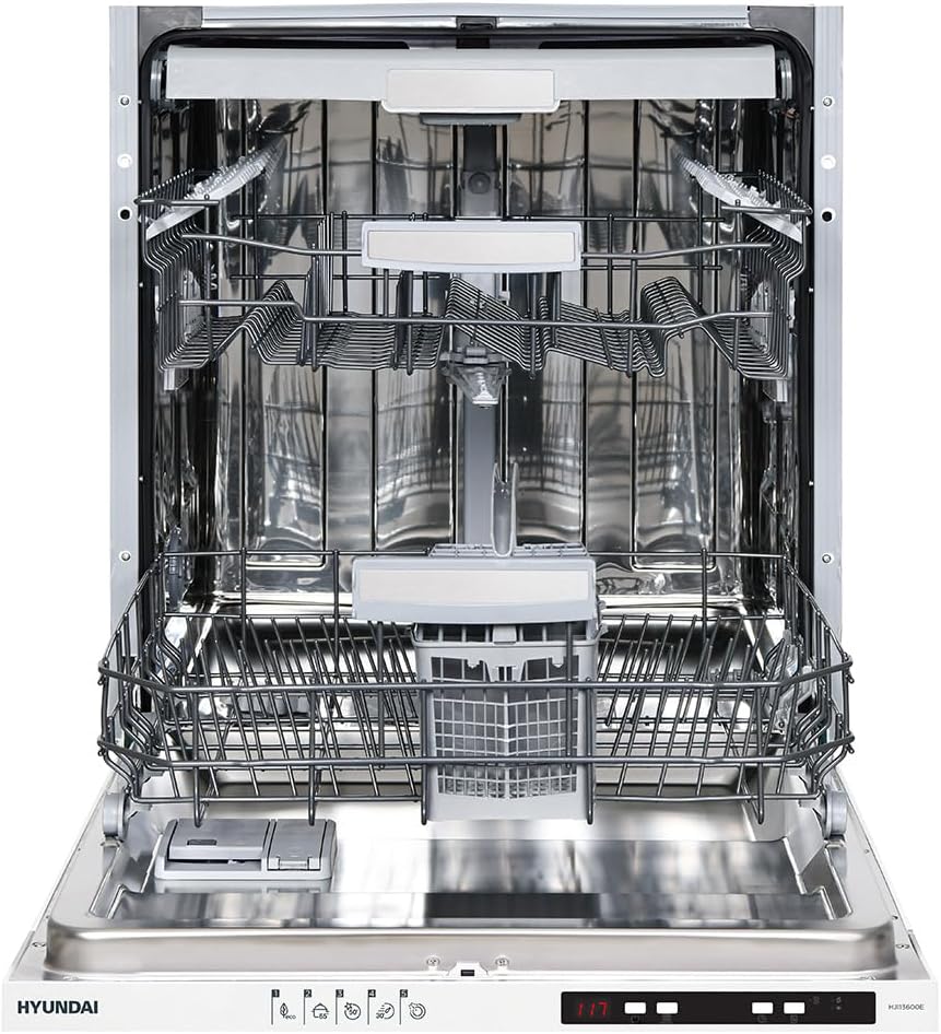 Front view of the Hyundai HJI13600E integrated dishwasher with the door open, showing the interior racks for dishes and cutlery.