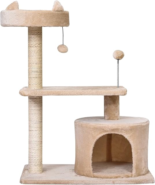 PawHut Mult-level Cat Tree Scratch Post Scratcher Climbing Tower Kitty Activity Center Condo Perch Jumping Platforms Beige 61L x 41W x 81H cm