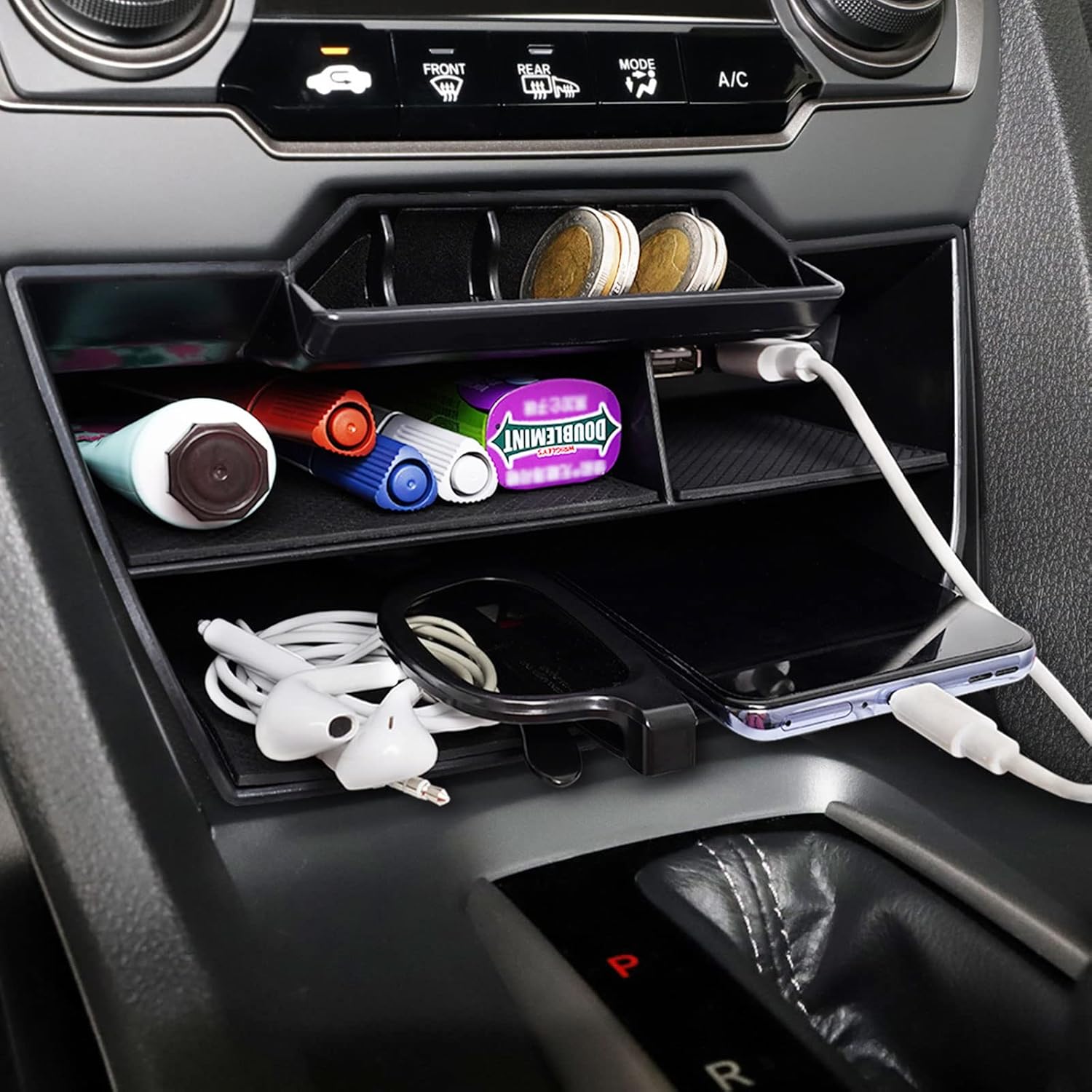 CarQiWireless® Center Console Organizer for Honda Civic 2021 2020 2019 2018 2017 2016 | Custom Fit Accessories for 10th Civic Hatchback Sedan | 2PCS Hidden Storage Box with USB Cable, Anti-Slip Design