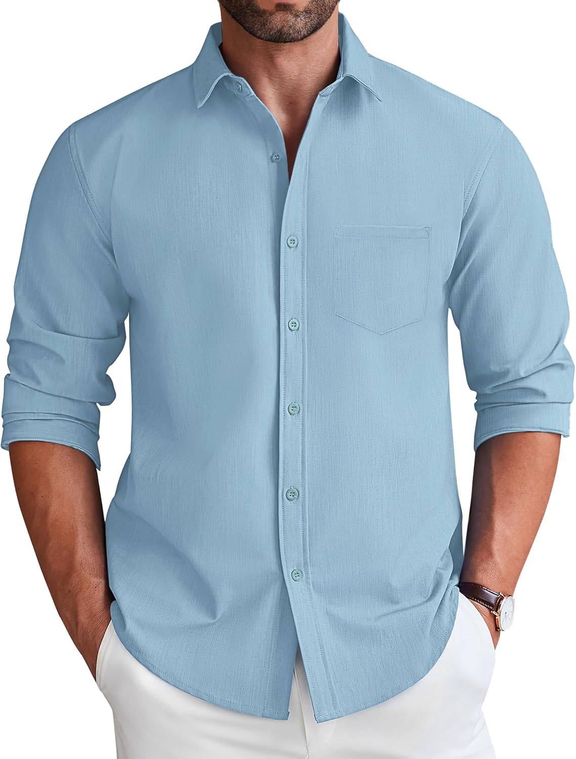 COOFANDY Men's Long Sleeve Button Down Shirt Wrinkle Free Untucked Dress Shirt Casual Denim Shirt