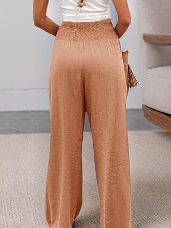 Women Linen Palazzo Pants, High Waist Wide Leg Summer Beach Pants, Casual Loose Lounge Trousers for Boho Travel