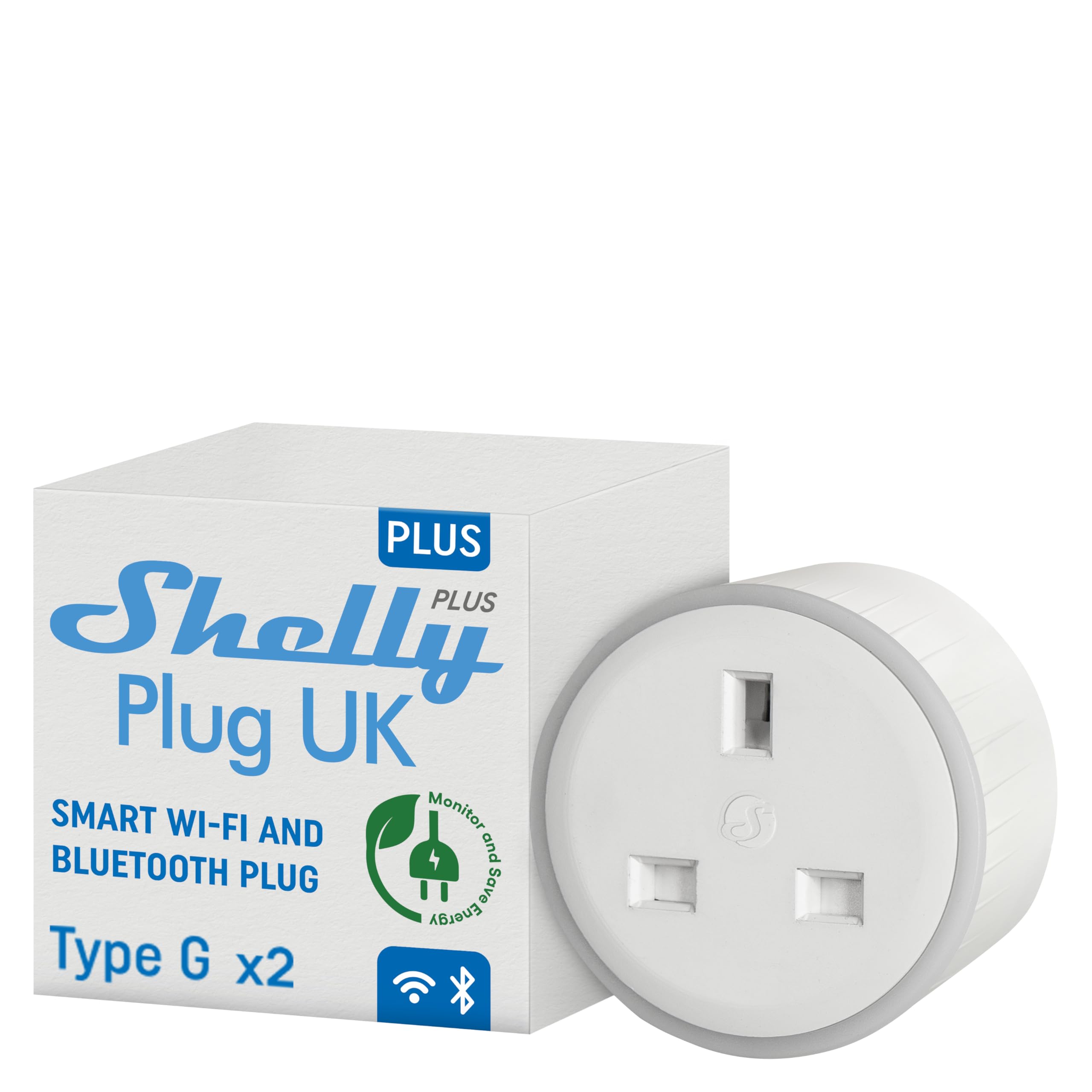 Shelly Plus Plug UK - Smart Wi-Fi Outlet with Power Metering, 13А, Max 3000W, Socket Remote Control, Electricity Usage, Custom Schedules & Timer, LED Indicator, Alexa, Google Home (2 Pack)
