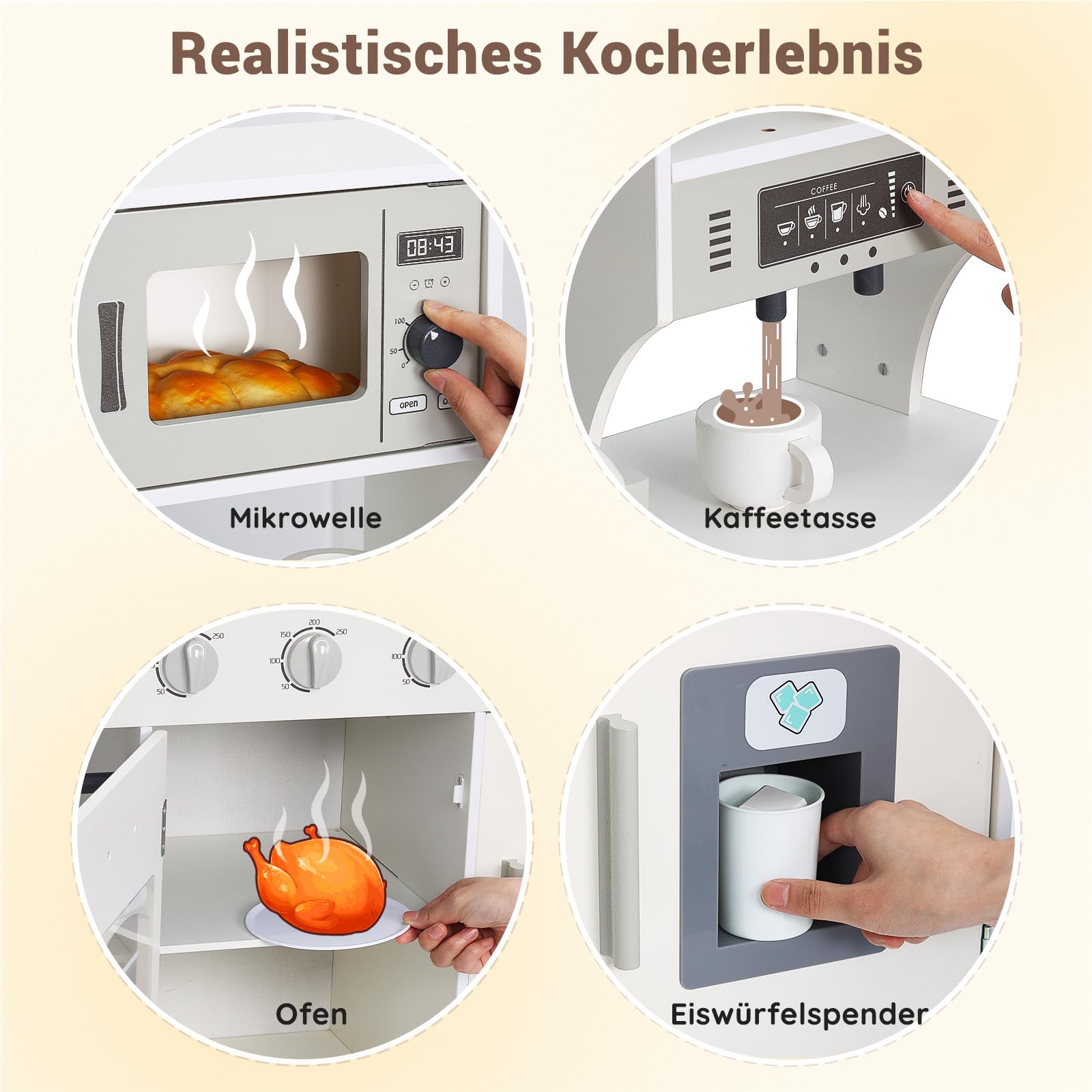 SainSmart Jr. Kinderküche Holz Spielküche für Kinder, Creme – mit Licht & Sound, Eiswürfelspender, Mikrowelle, Backofen & Spüle, große Kinder Küche mit Zubehör, Rollenspiel ab 3 Jahren