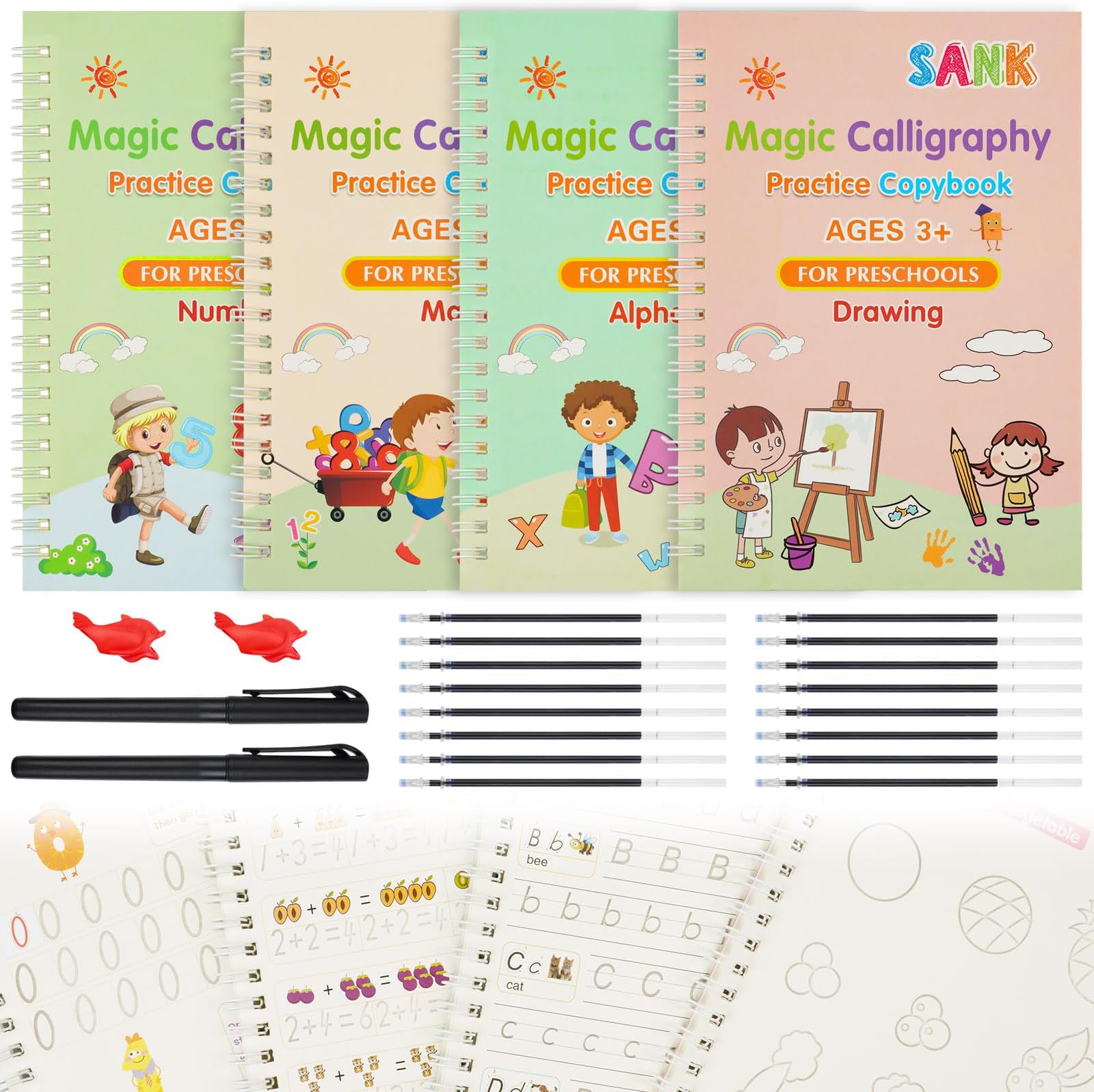 OFFCUP Magic Practice Copybook, 4 Pack Reusable Groove Calligraphy for Kids, Grooves Template Design and Handwriting Aid Magic Practice Copybook for Drawing, Math, Numbers, English Alphabet (19*13cm)