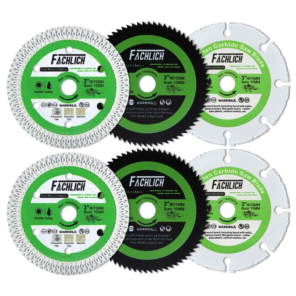 3" Tile Wood Copper Blades - FACHLICH 6pcs Mini Circular Saw Blades Set 75MM Cutting Disc for Ceramic Porcelain Marble Soft Metal Aluminium Plastic Panels Wood Composite Materials 3/8"(10mm) Arbor