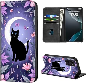 for Motorola Moto G Power 2025 Case Wallet with Card Holder, Black Cat in Moon and Flowers Stylish PU Leather Phone Case with Kickstand - Secure RFID Blocking & Magnetic Flip Cover
