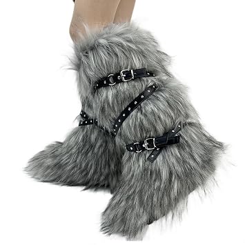 Faux Fur Boots for Women Long Furry Knee High Boots Comfy Plush Warm Snow Boots Fuzzy Outdoor Boots Winter Fluffy Indoor Flat Shoes