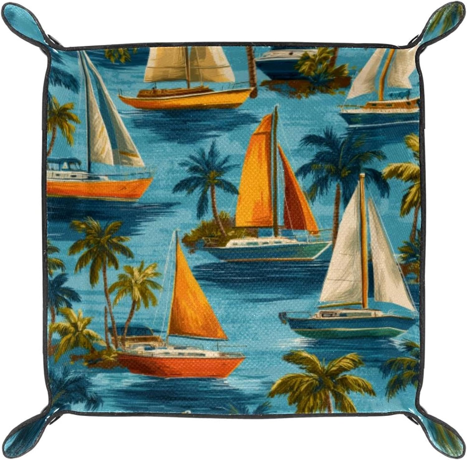 Microfiber Leather Dice Trays Folding for RPG DND Table Games, Dice Holder Storage Box Portable Folding Rolling Dice Tray Coconut Tree Sailboat, 20.5x20.5cm