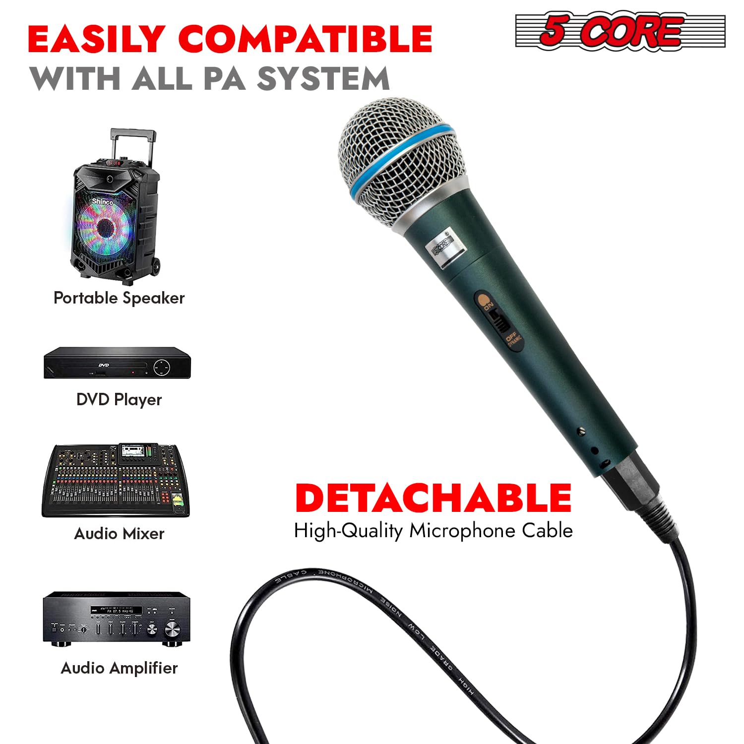 5Core PM-100 XLR Dynamic Mic - Cardioid Handheld Microphone For Karaoke, Live Performance & Studio
