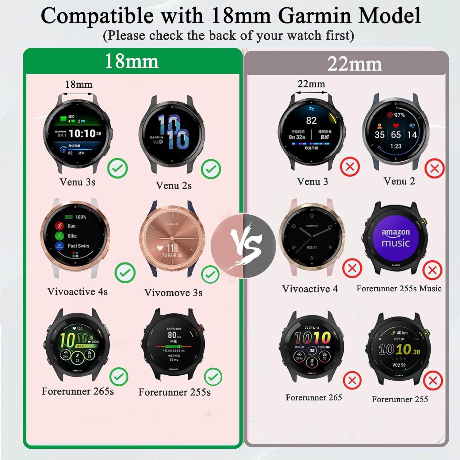 18mm Slim Silicone Watch Bands Compatible with Garmin Venu 3S / Venu 4 41mm/ Vivoactive 4S / Venu 2S / Vivomove 3S/Forerunner 255s/265S, Thin Soft Narrow Sport Wristband Straps for Women Men