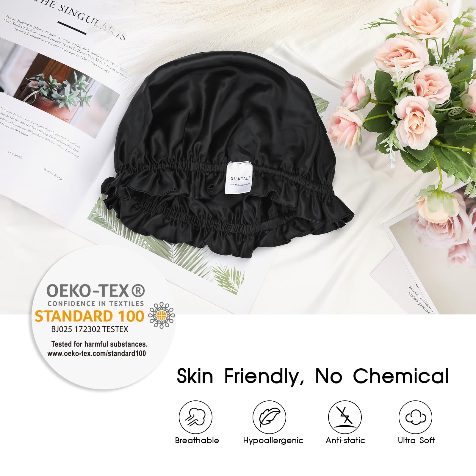 SILKTALE 100% Mulberry Silk Bonnet for Sleeping Sleep Cap for Women/Men,Double Layer 19 Momme Grade 6a Turban for Curly Hair Beige - Image 4