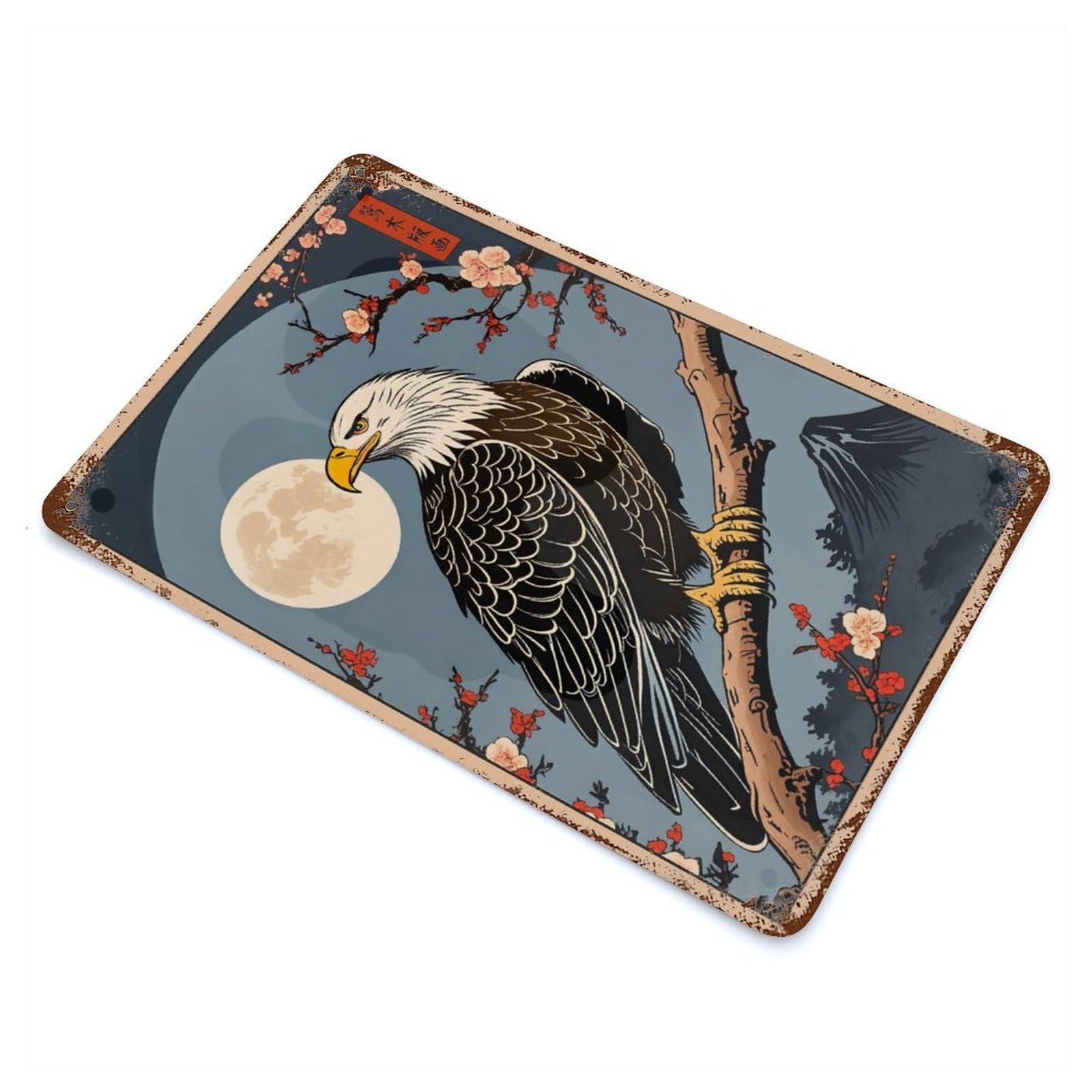 Eagle Japanese Art Rust Effect Tin Sign 11.8"x7.9", Industrial Home Decor for Garage, Bar And Workshop Decor