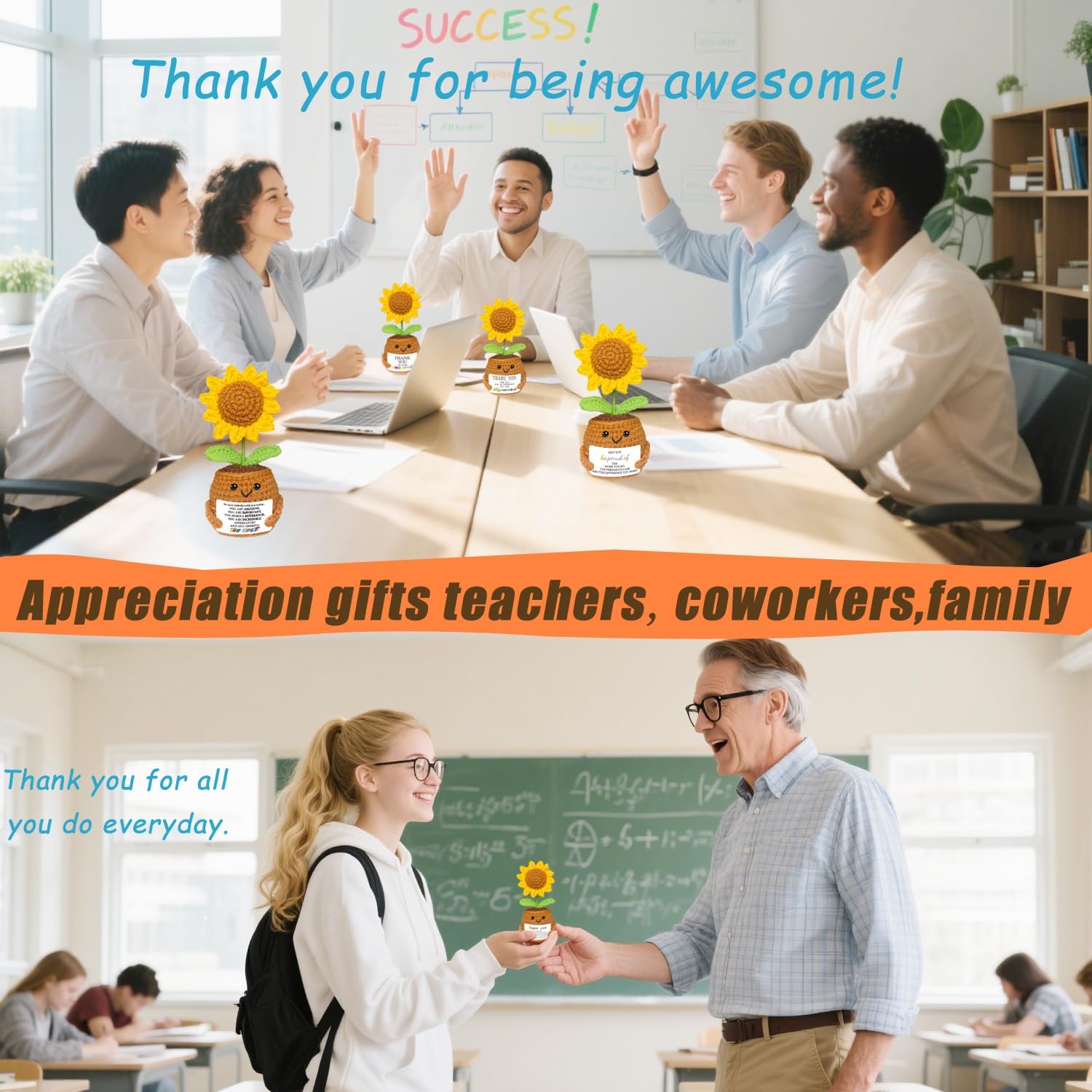 9 Packs Thank You Gifts for Women Teacher Appreciation, Positive Crochet Sunflowers Bulk, Coworkers Employee Appreciation Gifts with Comfort Support Messages for Friends Sister Volunteer Nurse Team