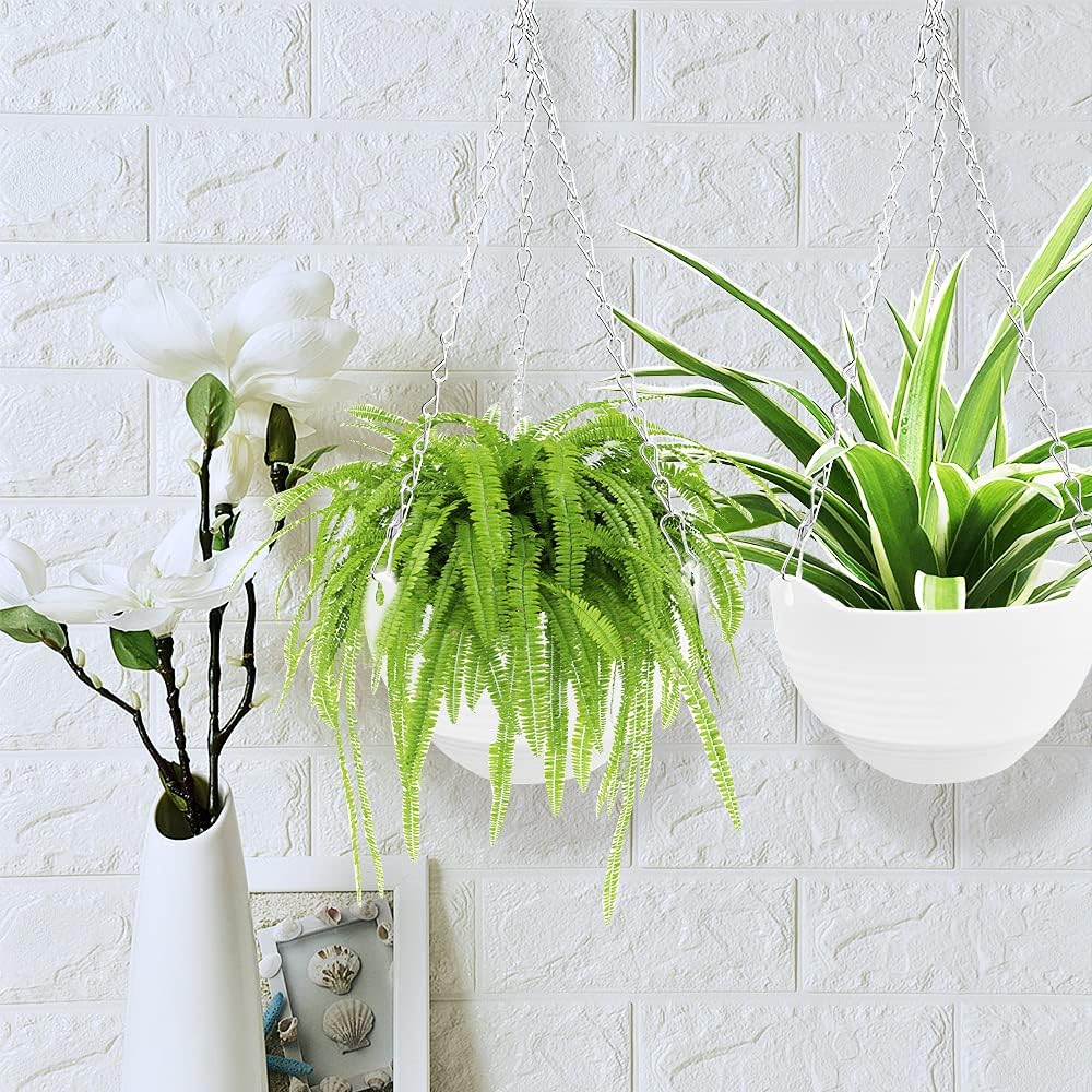 4 Pack 8 inch Hanging Planter Pots,Self-Watering Round Hanging Basket with Water Tray Metal Chain,Succulent Flower Plant Pot Container for Indoor Outdoor Garden Balcony Wall Decor,White 8 inches diameter x 4.9 inches height White