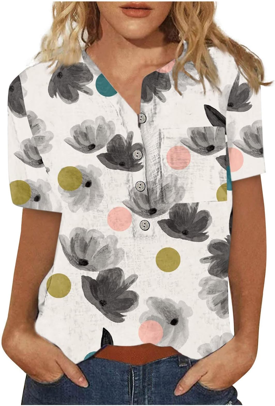 Womens Tops Boho Floral Print Tunic Short Sleeve,Henley Tshirt Hide Belly Vneck T Shirts Casual Blouses for Leggings