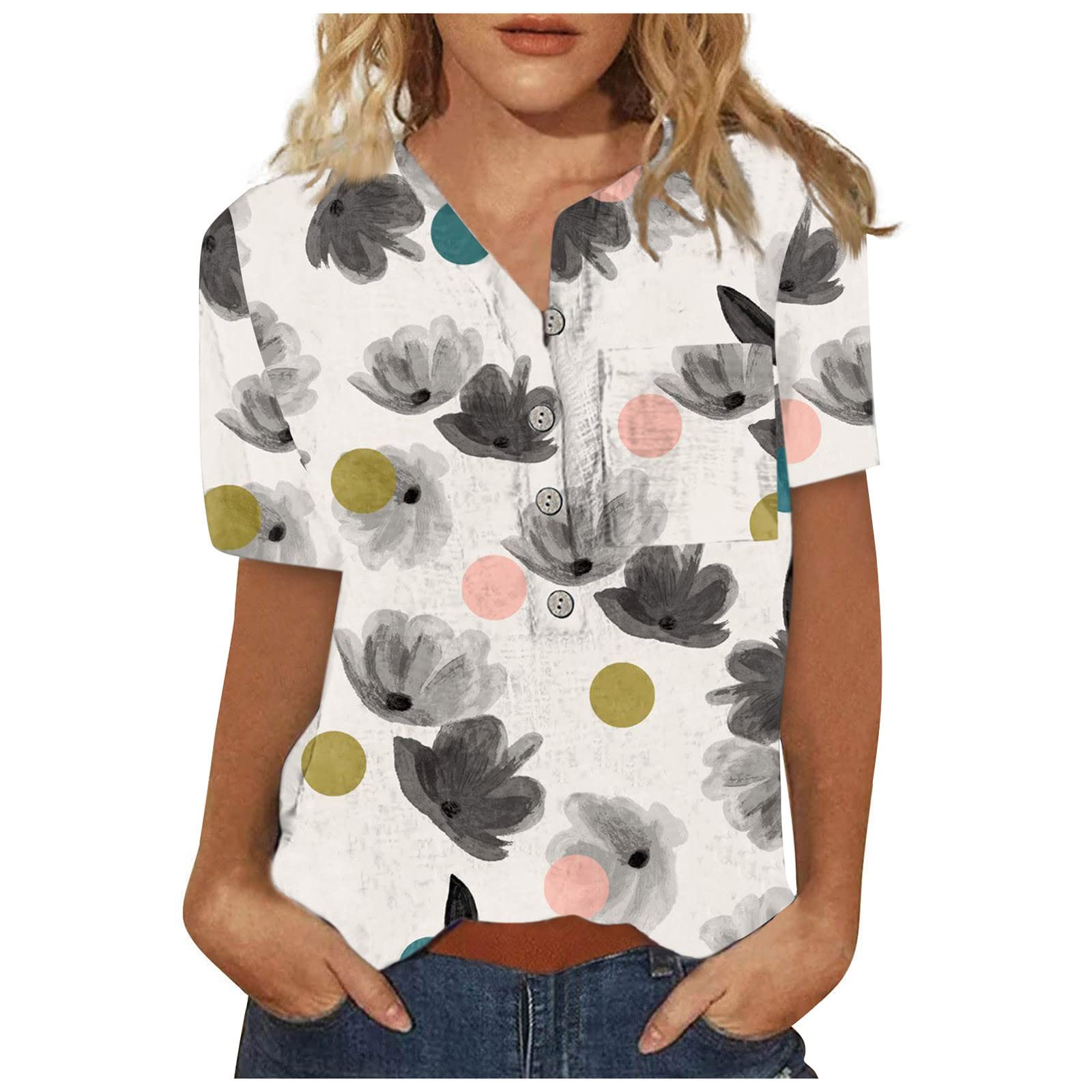 Womens Tops Boho Floral Print Tunic Short Sleeve,Henley Tshirt Hide Belly Vneck T Shirts Casual Blouses for Leggings