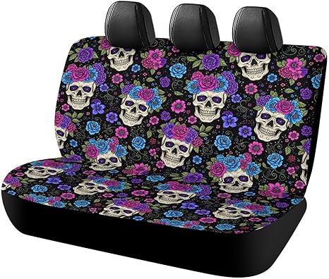 Car Back Seat Cover Auto Accessories Decor, Purple Mexican Sugar Skulls Day of The Dead Floral Flowers Rear Seats Covers Universal Vehicle Bench Seat Cushion Protective Cover for Truck