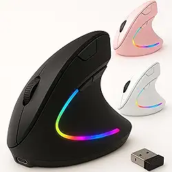Mouse Vertical Ergonômico Sem Fio Recarregável – Reduz Tensão no Pulso, RGB, Cliques Silenciosos, DPI Ajustável, USB 2.4G – Compatível com Windows, Mac, Notebook (PRETO)