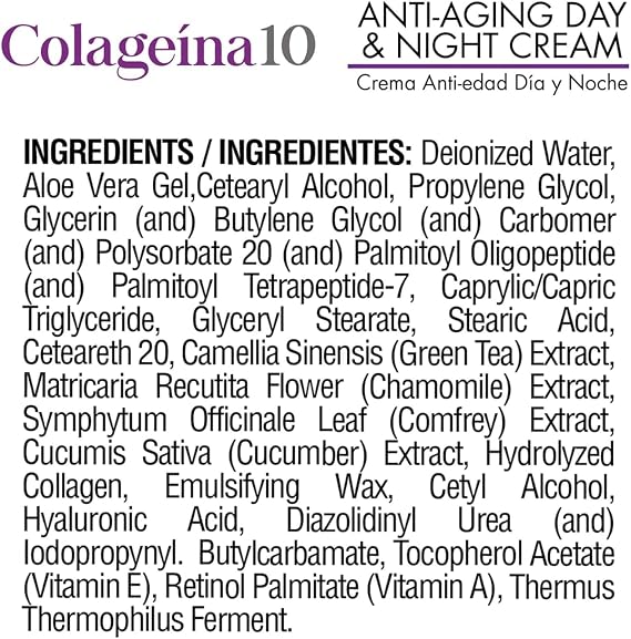 Colageina 10 Anti-aging Day and Night Cream Skincare Treatment with Hydrolyzed Collagen, Restores Skin Elasticity and Glow, 4 Ounces, Jar