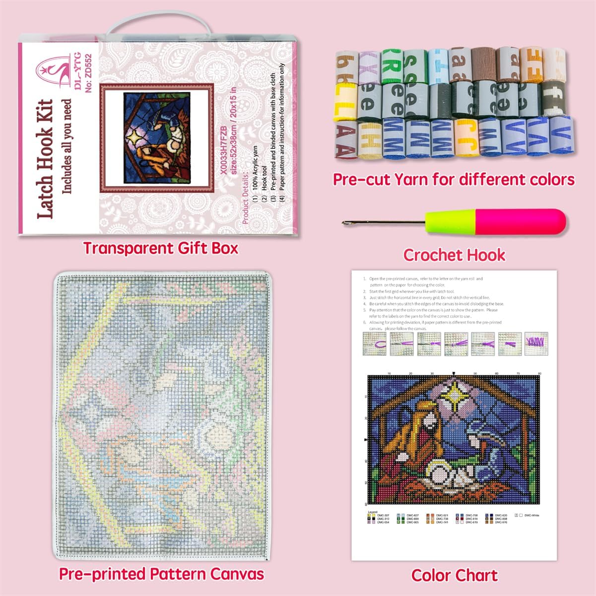 DL-YTG Latch Hook Kits Rug Jesus Be Born Crochet Yarn Cushion Colour Pre-Printed Canvas Cover Rug Needlework DIY Hook and Latch Kit Christmas Home Decoration 52x38cm/20 X15inch