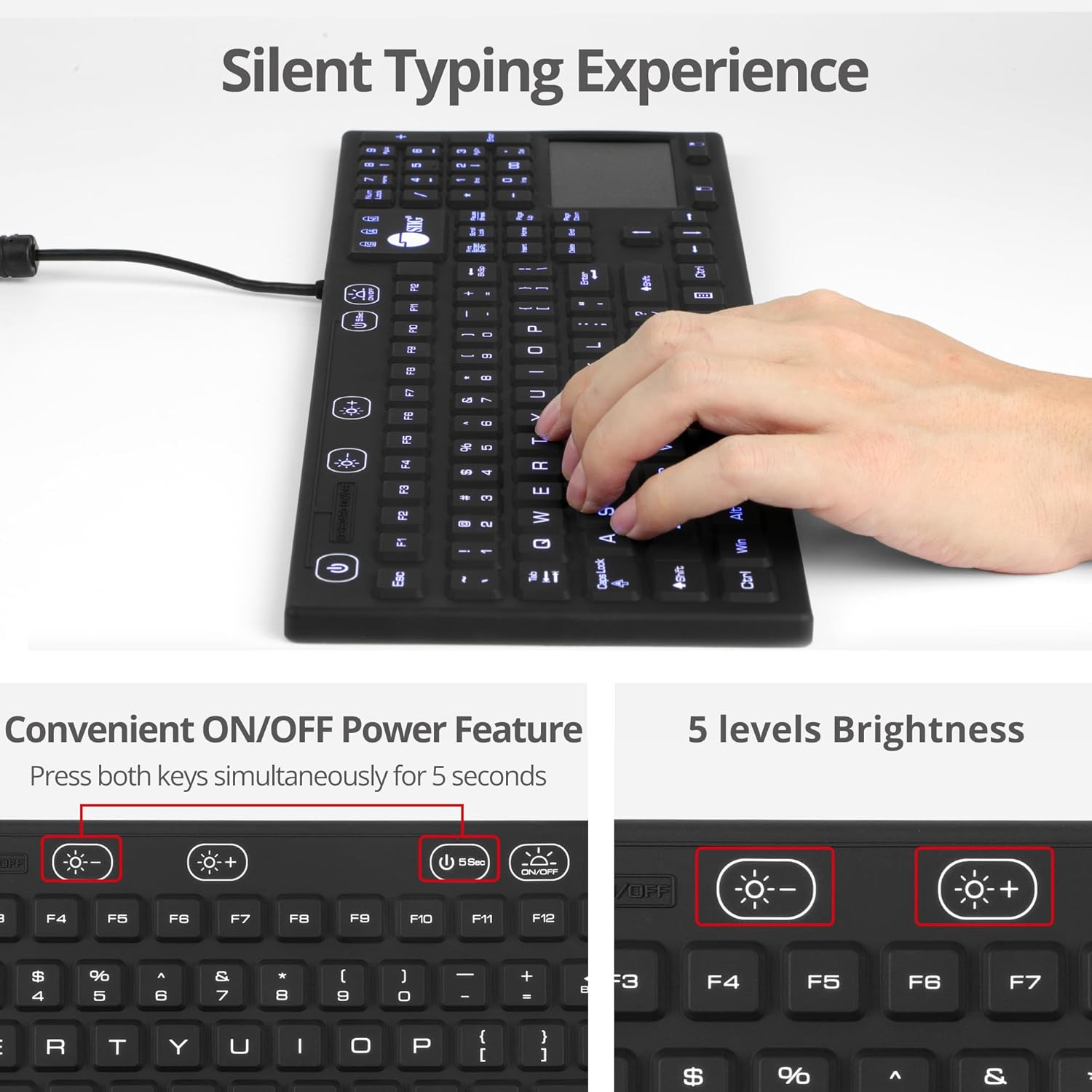 SIIG Wired Silicone Washable USB-A Keyboard with Touchpad, 110-key Layout, Industrial & Medical Grade, Dustproof, IP68 Compliant, 5 Levels Brightness, Silent & Quiet, Windows, Mac (JK-US0W11-S1)