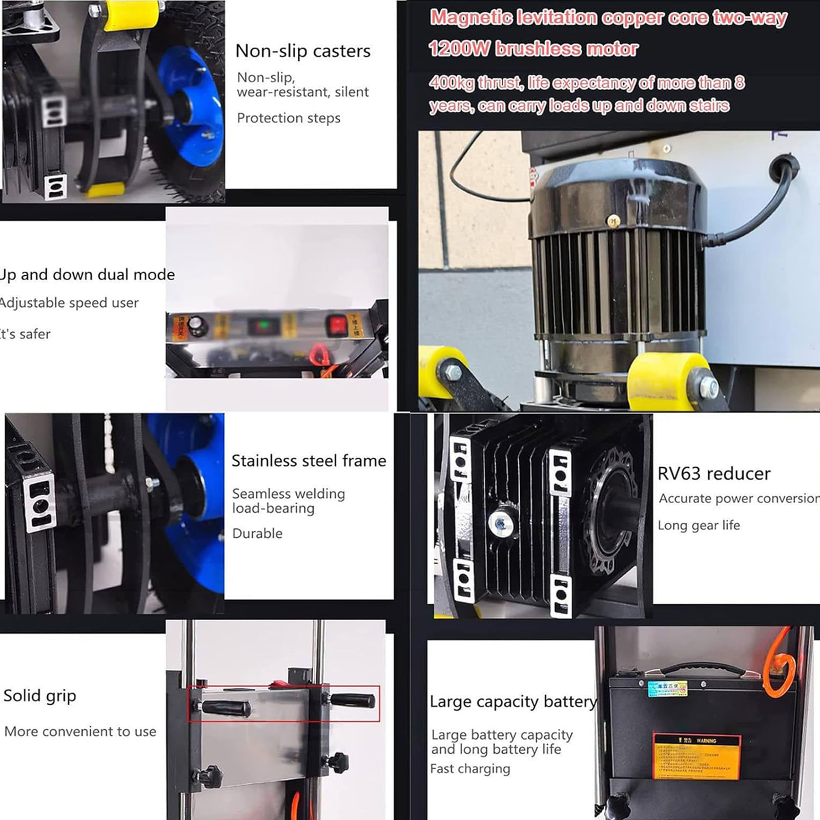 1200 W Elektrischer Treppensteiger, mit 400 kg Tragkraft, Kann Treppen Und Abstiege BewäLtigen, Arbeitssparend Und Praktisch, Abnehmbarer Akku,001