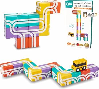 Magnetic Blocks for Toddlers 1-3｜School Bus Toy Set with 12 Pastel Track Cubes｜STEM Montessori Educational Toys for 1 Year Old Boys & Girls｜Safe Large Building Bricks (13 Pieces Starter Pack)