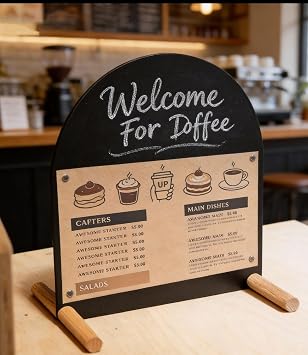 Tabletop Menu Board, A4 Magnetic Metal Sign with Wood Base for Counters