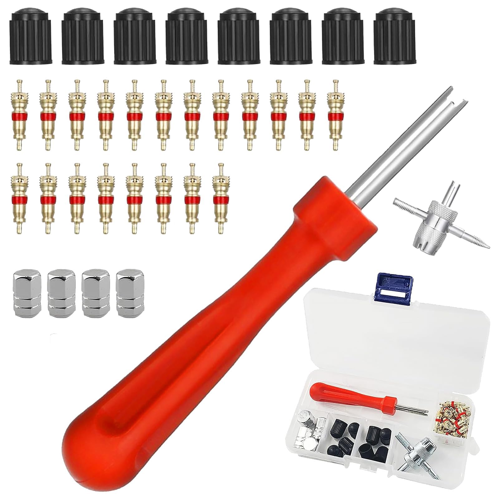 Rmeet Tyre Valve Core Removal Tool Set,2-in-1 Valve Key & 4-Way Repair Tool