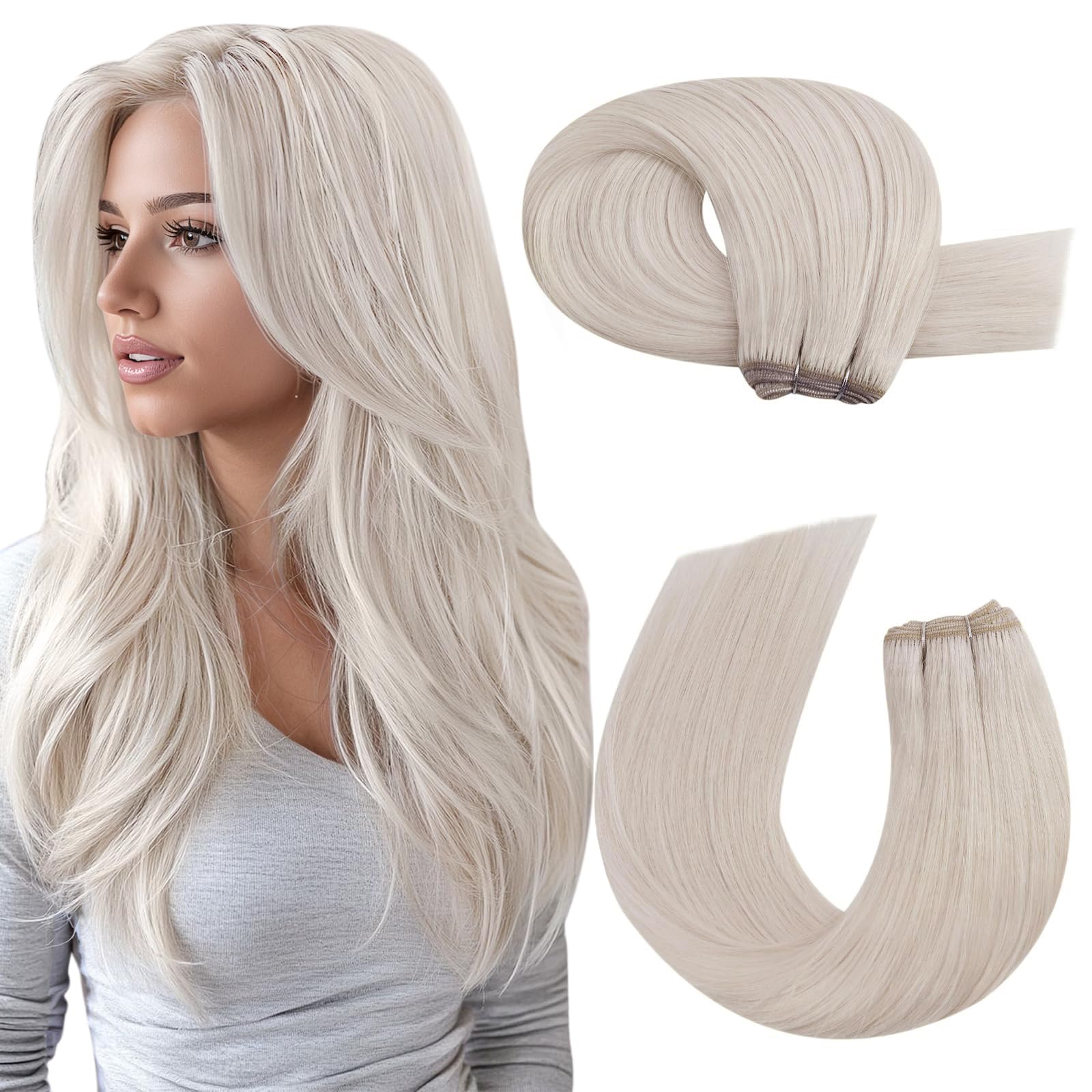 Moresoo Butterfly Weft Hair Extensions Remy Human Hair Ash Blonde Highlight Bleached Blonde 18 Inch OVO Weft Hair Extensions Human Hair Ash Blonde Highlight 100g/pack #18/613 — view 37