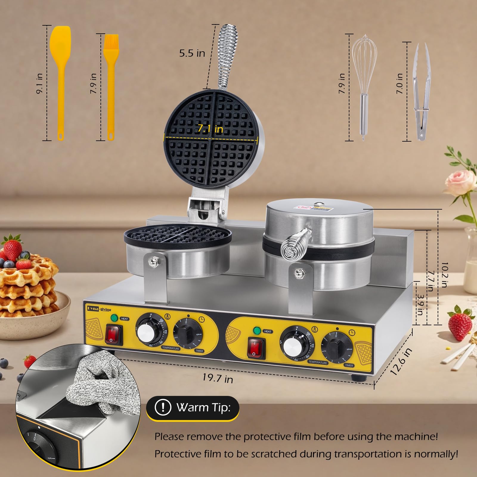 Máquina de gofres comercial de doble cabeza, 2400 W, antiadherente, máquina de gofres comercial de acero inoxidable para restaurantes, máquina de gofres grande comercial 6