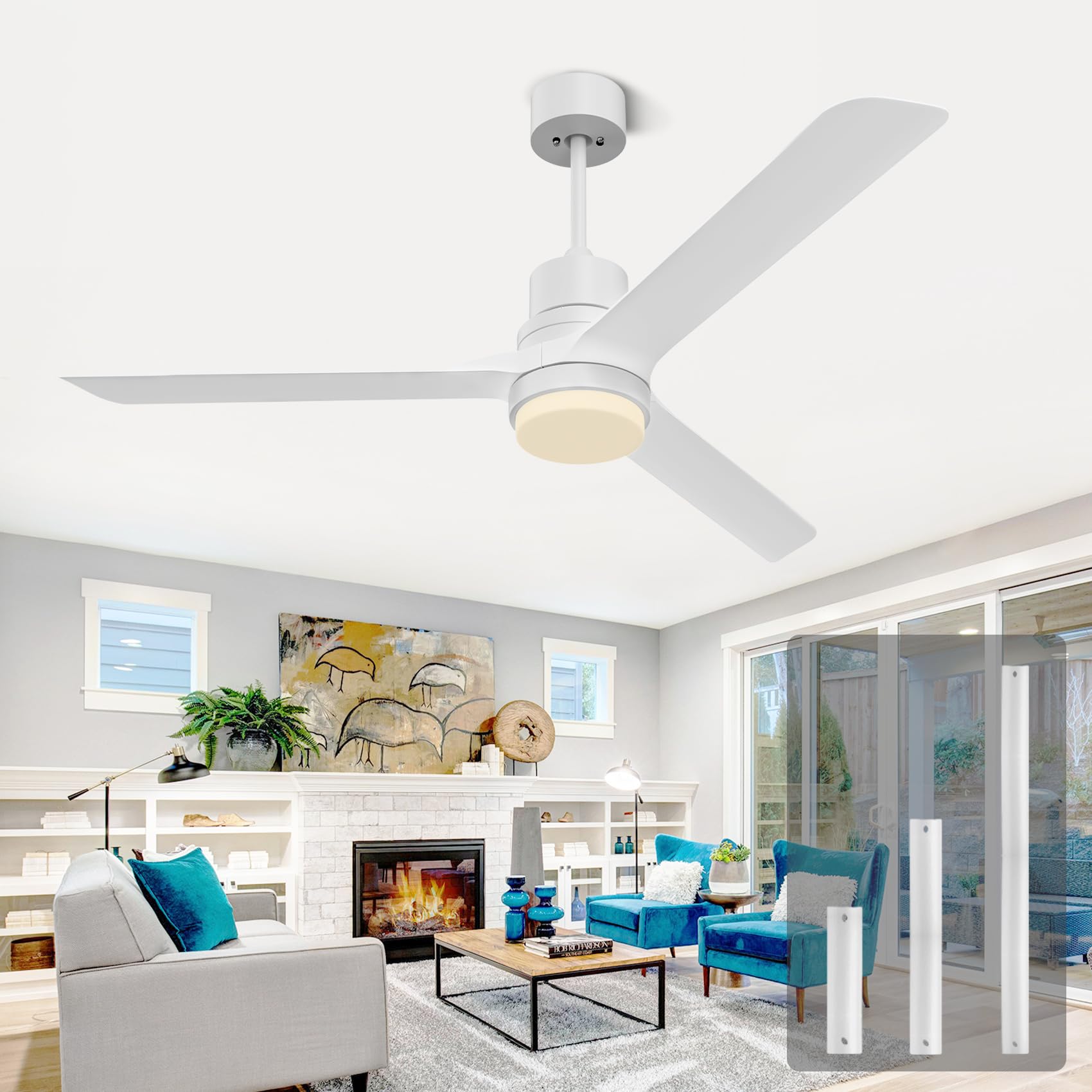 alescu 52” White Modern Ceiling Fan, Ceiling Fans with Lights and Remote,Indoor Ceiling Fans with Reversible DC Motor for Patio Living Room, Bedroom