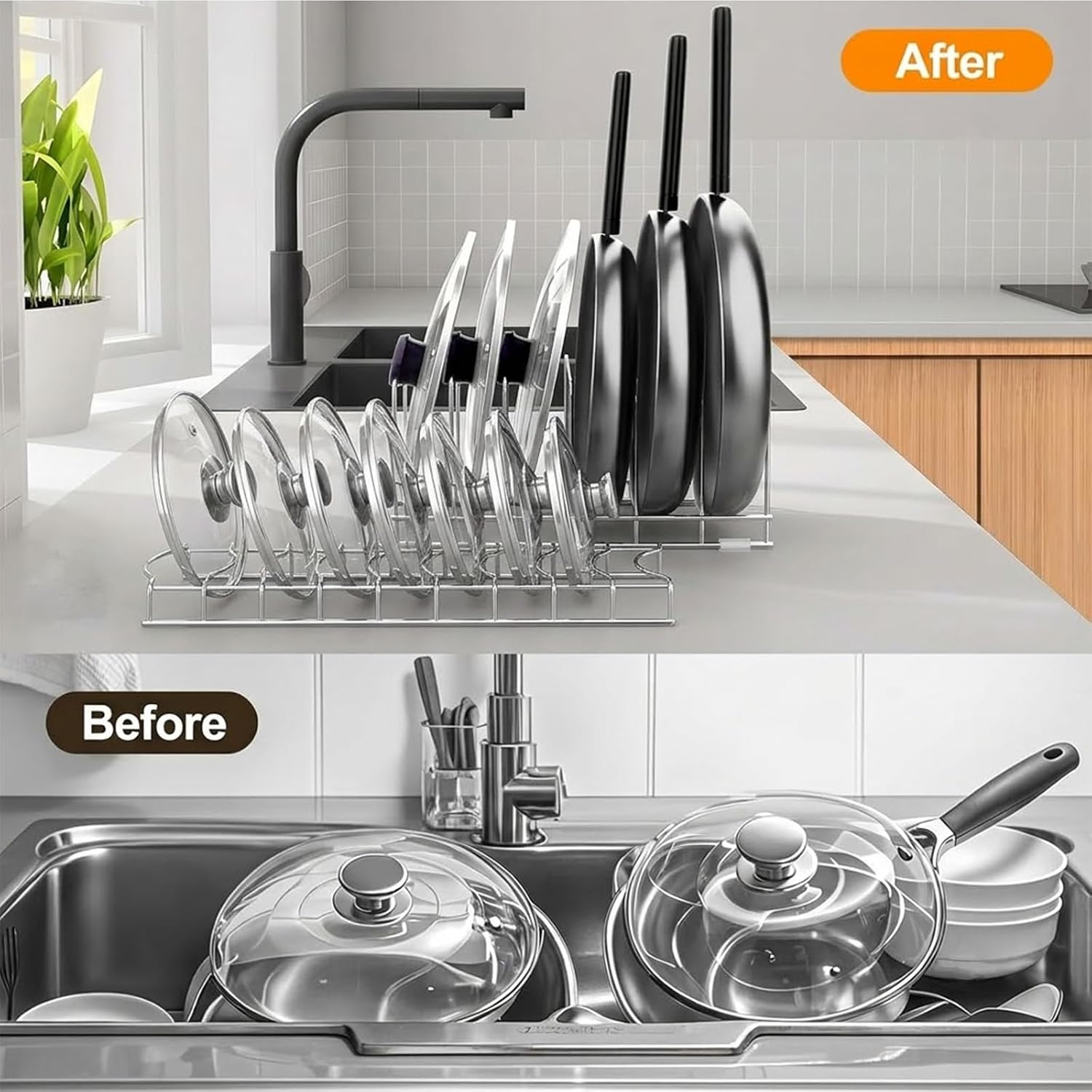 2 Pack Pot and Pan Organizer - Plate Organizer for Cabinet, Pot Lid Holders - Stainless Steel